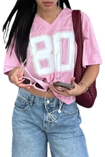 Women's Graphic Football Jersey Shirts Tops Y2k Number Oversized Tees Half Sleeve Sport V Neck Tshirt Streetwear