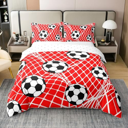 richhome Set di biancheria da letto con copripiumino rosso a tema calcio, 100% cotone, per letto super king size, per bambini, ragazzi e ragazze, decorazione per camera da letto