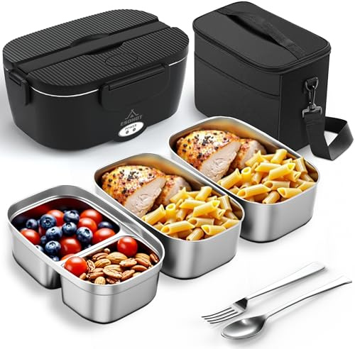ESOHOT Gamelle Chauffante,120W Lunch Box Chauffante Modèle de Chauffage Ultra-Rapide 12V/24V/230V Boite Chauffante Repas pour Voyages,Travail,Bureau,Voiture,Camion (1,5L x 3)
