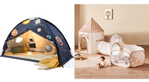 Tiny Land Kids Play Tent with Tunnel, Pop Up Play Tent with Ball Pits for Toddlers, Space Galaxy Bed Tent for Kids – Sleep Bed Canopy with 9 Planets Design – 77 x 40 x 46