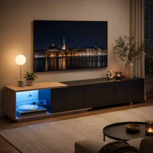 BLSYHDH 240 cm LED-TV-skåp, TV-bänk, Vardagsrumsskåp, Modern Träbänk i Trä med 3 Lådor, Inomhusskåp, Vardagsrumsmöbler (Svart)