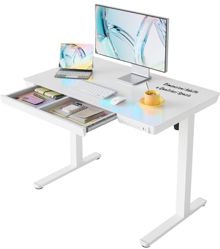 HUANUO 100 x 60 cm Scrivania Regolabile in Altezza con Piano in Vetro, Cassetto, Porte di Ricarica USB e 3 Altezza Memorizzabili, Scrivania Ufficio con Piano Monoblocc, Vetro Bianca