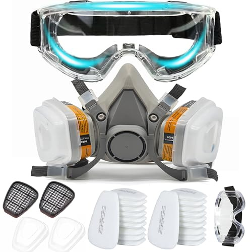 SGIXBE Full Face Respirator Mask, Reusable with Replaceable Filters, Anti-fog, Black, Silicone, for Welding, Spray Painting, Chemical Handling (half face + 20 filter cotton +glasses)