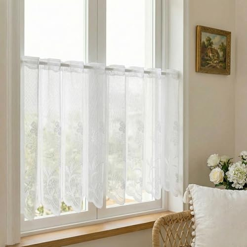 TW1TGOFT Scheibengardine - Bistrogardine Transparent mit Stickerei Vorhänge, Voile Kurzstores Gardine Gaze Schals Fensterschal Küchengardinen für Esszimmer Badezimmer Klein Fenster (BxH130x45cm,Weiß)