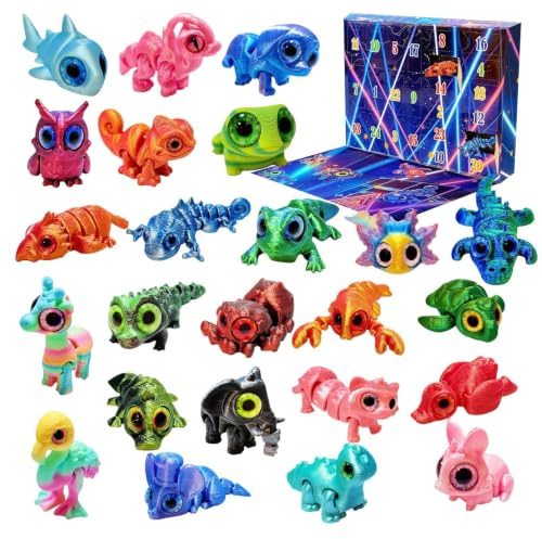 3D-tryckta djur adventskalender - 24 flexibla figurer | 24 ledade djurfigurer, flexibel ledad design, engagerande nedräkningsupplevelse