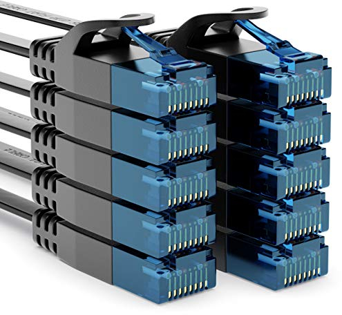 deleyCON 10x 0,5m CAT6 Câble Réseau Plat 1000 Mbit Gigabit LAN - Cat 6 RJ45 Ethernet Câble de Raccordement Câble de Pose fin Plat - pour Internet Switch Routeur Modem Panneau de Brassage - Noir
