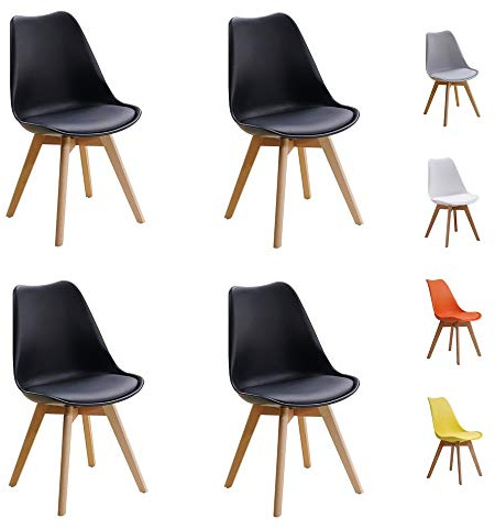 Homcasa Set of 4 Modern Design Dining Chairs, with Cushioned PU Seat and Solid Wood Legs Retro Lorenzo Lounge Chair (Black)