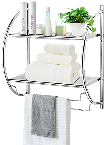 RELAX4LIFE Badregal Rostfrei, platzsparendes Duschregal mit 2 Ebenen & 2 Handtuchhalter, Handtuchständer Wandmontage, wasserdichtes Hängeregal für Küche & Badezimmer, bis 5kg belastbar, Silber