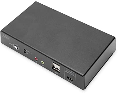 DIGITUS KVM Switch HDMI – USB-C för anslutning av bärbar dator – 2 portar med enkel bildskärm – 2 datorer 1 bildskärm – 1x mus, tangentbord och ljud för 2 datorer – RJ45 LAN-port och USB-C – Svart