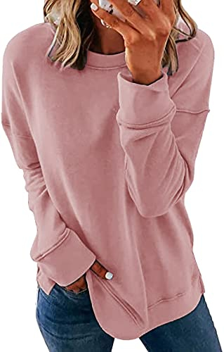 NEYOUQE Pulli Damen Langarm Rundhals Einfarbig Sweatshirt Longsleeve Crewneck Pullover Loose Lässig Casual Damen Pullover Herbst Rosa S