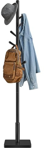 VASAGLE Solid Wood Coat Rack, Free Standing Hall Coat Tree with 8 Hooks, 3 Height Options, for Coats, Hats, Bags, Purses, for Entryway, Hallway, Rubberwood Hooks and Pole, Ink Black URCR010B01