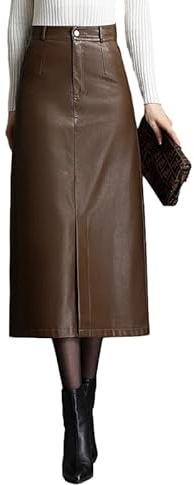 SUNYUESTAR Long Leather Skirts for Women Casual High Waisted Fall Winter Bodycon Midi Skirt with Slit(Brown, XS)