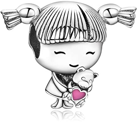 Rimgoris Charm Pandora Niña con Muñeca Corazón Rosa Regalo Día de la Madre Compatible con Pulseras Pandora Moments Detalle Emocional para Mamá