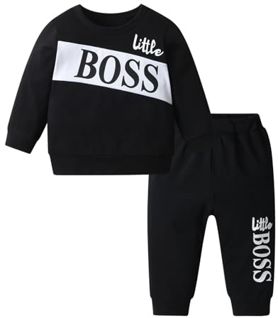 Kumsolu Ensemble de vêtements pour bébé garçon avec sweat-shirt à manches longues et pantalon de survêtement, Noir , 9-12 mois