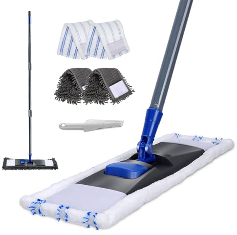 Masthome Flach Wischmopp,Wischer Boden Chenille mit 128 cm Langem Griff, Profi Bodenwischer mit 4 Moppadsf, Miracle Mop für Hartholz, Laminat, Fliesen, Marmor, Send Scraping Dust - Grau