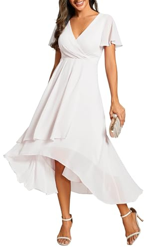 Ever-Pretty Vestidos de Invitada de Boda Elegantes Vestidos de Noche de Gasa Mujer Midi Cortos Vestidos de Novia Blanco 46