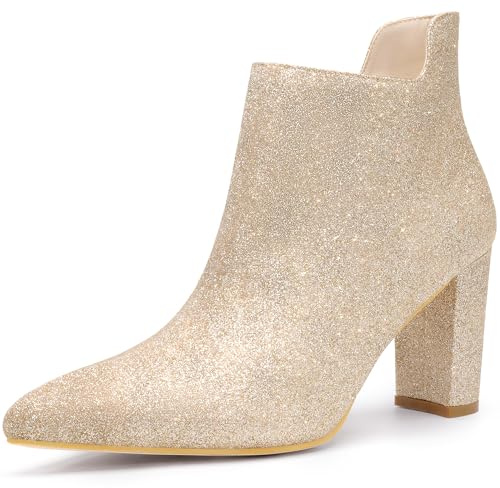 Allegra K Women's Pointed Toe Cutout Block Heels Glitter Ankle Booties Gold 5 UK/Label Size 7 US