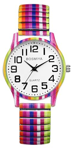 JewelryWe Damenuhr Regenbogen Elastische Uhr: Boho Bunte Streifen Gestreift LGBTQ Gay & Lesbian Pride Analog Quarz Armbanduhr Damen Stretchband Uhr mit Edelstahl Zugband & großen Zahlen Zifferblatt