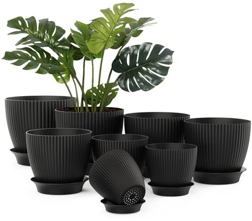 JOJOSEE 8 Pack Plant Pots Indoor, Flower Pot with Drainage Holes and Tray, Plastic Planter for House (Black, 8 Pack)