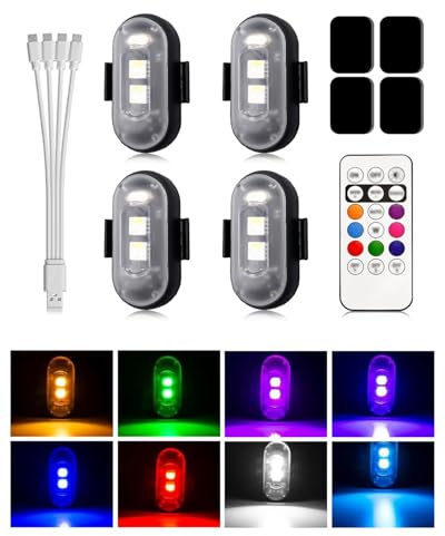 BrightArk Lot de 4 LED Lampe Stroboscopique pour Voiture Mini LED avec Télécommande sans fil 8 Couleurs Trois Luminosités et Chargement USB pour Drone, Vol de Nuit