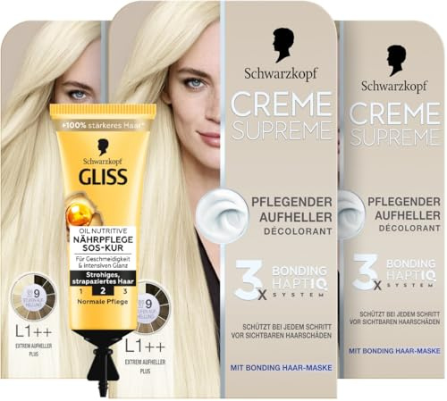 Schwarzkopf Creme Supreme L1++ Extrem Aufheller Plus (3x 182 ml), pflegender Aufheller mit Serum und Haar-Maske & SOS-Intensiv-Kur Oil Nutritive (15 ml) Haarkur für intensive Reparatur