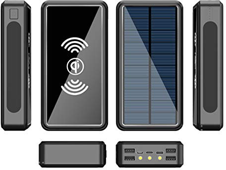 Banco de energía Solar de 100000 mAh, Paquete de batería Externa Solar USB-C, Cargador Solar con Carga inalámbrica de 10 W, 4 Salidas y 3 entradas y Linterna LED, para iPhone, Samsung, campi