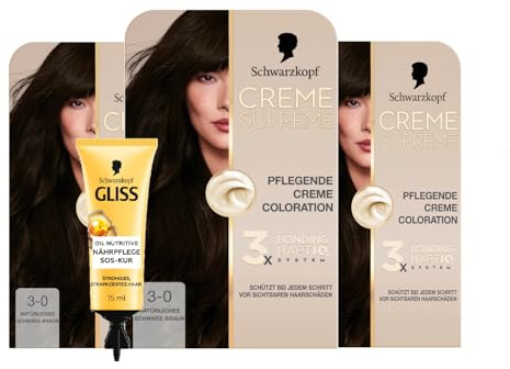 Schwarzkopf Creme Supreme Coloration 3-0 Natürliches Schwarz-Braun (3x182 ml), dauerhafte Haarfarbe & GLISS SOS-Intensiv-Kur Oil Nutritive 15ml, natürlicher Glanz und Geschmeidigkeit