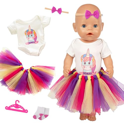 5 Pcs Baby Doll Clothes for 14-18 Inch Baby Girl Dolls, Sweet Dolls Clothes and Accessories with Cute Horse Bodysuit Tutu Dress Bow Hairband Socks Hangers for 43 cm Dolls, Girls