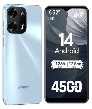 invens Note TK02 Handy Ohne Vertrag - 12GB(4+8)+128GB /256GB Smartphone Ohne Vertrag Android 14, 6,52 Zoll Bildschirm 4500mAh Handy Günstig, 16MP+8MP Kamera, 4G Dual SIM/Face ID/GPS/3.5mm Jack Blau