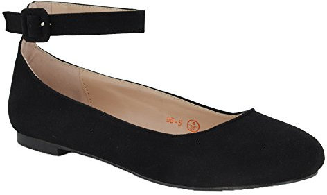 Womens Flat Ankle Strap Ballet Pumps Ladies Ballerina Party Bridal Smart Shoes Shoes 3-8 Black Faux Suede