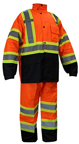 New York Hi-Viz Workwear RK Safety RW-CLA3-TOR77 Class 3 Rain suit, Jacket, Pants High Visibility Reflective Black Bottom with X pattern (Extra Large, Orange)