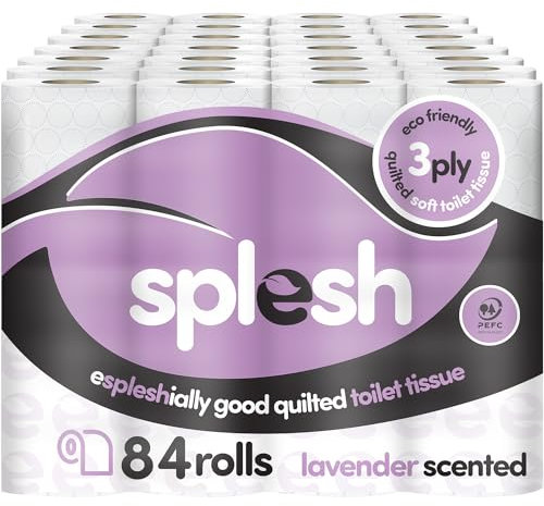 Splesh by Cusheen Toilet Roll 84 Rolls - Lavender Scent Bulk Family Pack | Soft 3 Ply Quilted Bathroom Tissue Loo Rolls | Eco-Friendly, Sustainable Toilet Paper