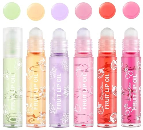 Gireatick 6PCS Fruity Flavors Rolling Ball Lip Oil Set, Fraise Orange Avocat Cheery Peach Glossy Lip Gloss, Brillant à Lèvres Transparent Pour Lèvres Sèches et Gercées