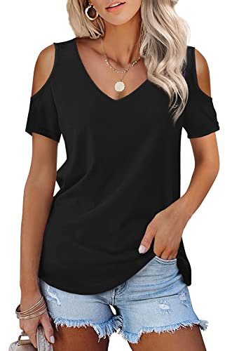Beluring Oberteile Damen Sexy V-Ausschnitt Cold Shoulder Sommer T-Shirt Tops Schwarz L