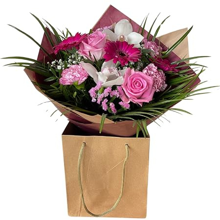 Rosewater Serenade Pastel Floral Arrangement Fresh Pink Roses, White Orchids, Gerberas in Vase Bag | Gift Bouquet for Birthdays, Weddings, Sympathy, Thank You, Celebration Party.