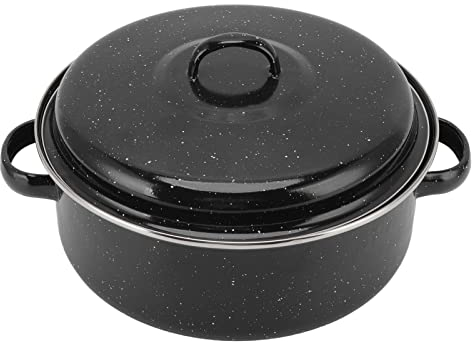 Non-Stick Roasting Tin with Removable Lid, Self Basting Enamel Roaster, Black Speckled Finish Household Non Stick BBQ Pot Roast Pan with Lid for Roasted Sweet Potatoes Chestnuts(26CM)
