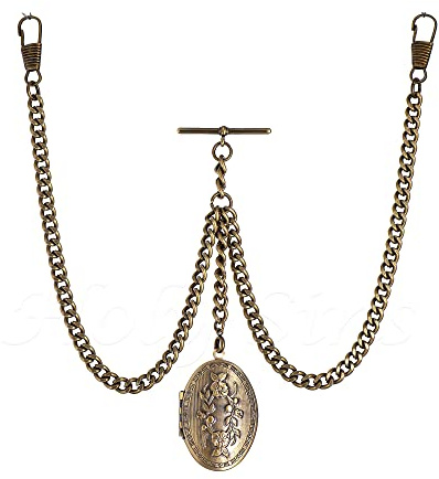 Chaîne de montre de poche double Albert couleur bronze avec pendentif médaillon 007-B, bronze, 20.32 cm