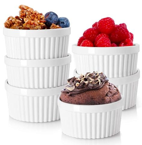 Nuwave Ceramic Ramekins 4oz Set of 6, Classic Elegant Style Ramekins for Baking Souffles, Creme Brulées, Custards, Puddings, Oven, Microwave & Dishwasher-Safe, Ivory White