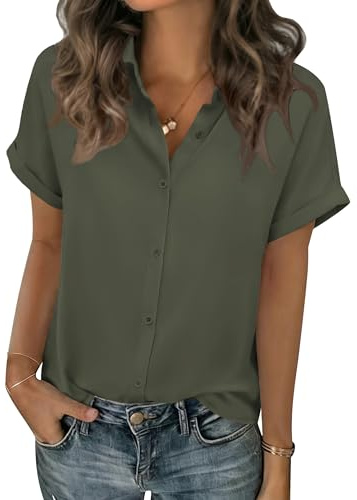 Zeagoo Business Casual Tops for Women Short Sleeve Button Up Shirts Lightweight 2026 Summer Blouses Army Green