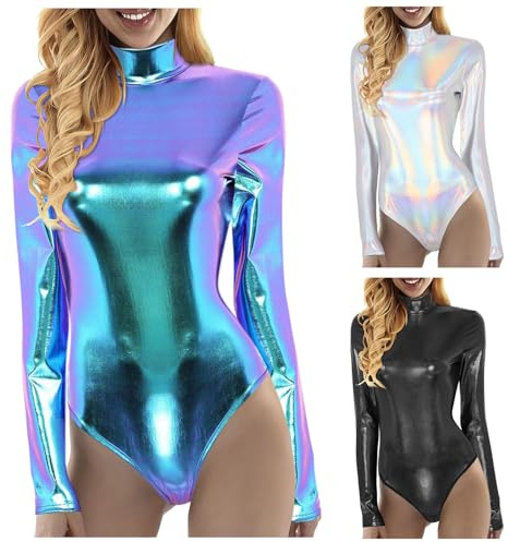 Sbyhbhyds Body Damen Metallic Bodysuit Clubwear Frauen Sexy Glänzende Ballettanzug Ballettbody Sport Tanz Einteiler Turnanzug Leotards Overall Lack Oberteile Tops Kostüm Gymnastikanzug (Purple, M)