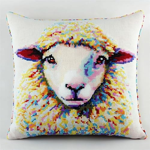 AxiangziK Kit di ganci a chiusura per cuscino,kit di ricamo,Animale capra pecora,gancio di chiusura per cuscino principianti,federa per cuscino da divano,43x43cm