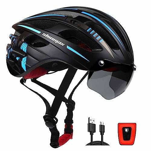 Shinmax Casque Velo Homme Femme, Casque Vélo avec Lumière USB Rechargeable Casque Velo avec Magnétiques Visière UV de Protection Casque VTT Autocollant Lumineux 57-62CM(RC-049)