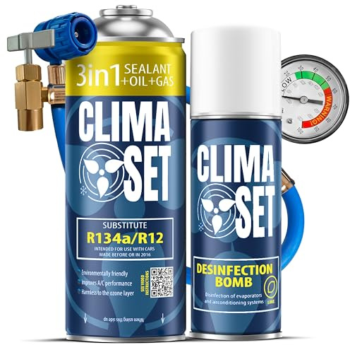 ClimaSet – 3-i-1 R134a köldmedium, olja, tätningsmedel & luftkonditioneringsrengöringsmedel för bilar & slang – Luftkonditionering Självpåfyllningsset – Påfyllningsset, Bilklimat Påfyllning – 170 g
