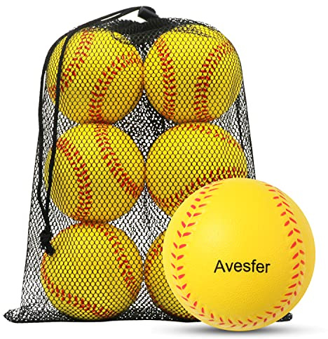Avesfer Practice Foam Softballs 11 inch with Mesh Bag Soft Oversize Foam Baseballs Safely Training Batting Hitting Ball and Fielding Indoor Outdoor for Kids Teenager Players Pack 6