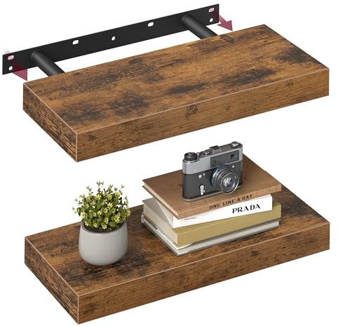 VASAGLE Wandregal, 2er Set, Schweberegal, Regalbrett, 20 x 40 x 3,8 cm, Wandboard für Bilderrahmen, Deko, Regal für Wohnzimmer, Arbeitszimmer, Küche, vintagebraun LWS24BX-2