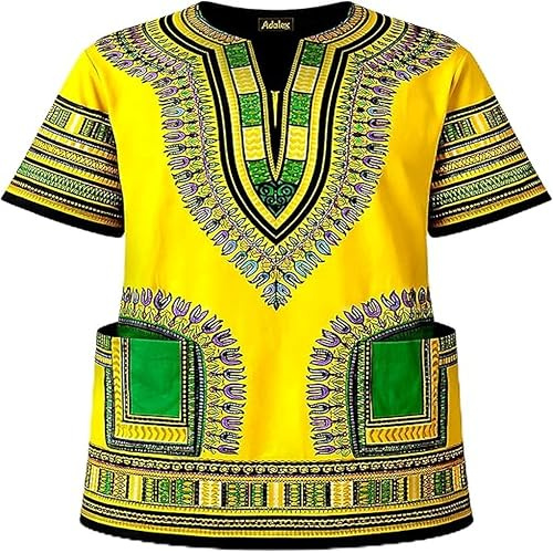 Adalex Global Camicia Unisex Tradizionale Africana Dashiki, Taglia M, Giallo/Verde Adulto