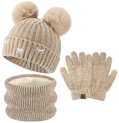 Bequemer Laden Niños Invierno Gorro Termicos Guantes Tactiles Bufanda Conjunto con Gorra Pompón Forro Polar Regalo Niñas Niños 3-10