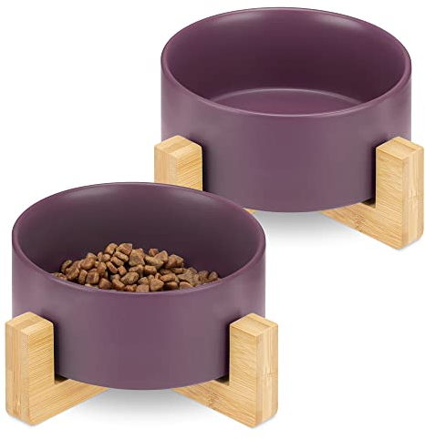 Navaris 2X Futternapf Katze mit Bambus Halter - Futterstation 2X Keramiknapf für Katzen Hunde - Keramik Fressnapf Set Futterbar - Katzen- & Hundenapf