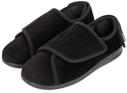 HomeTop Pantoufles en velours côtelé pour hommes Chaussures confortables en mousse à mémoire de forme ajustable pour les pieds enflés diabétiques Noir,42 EU