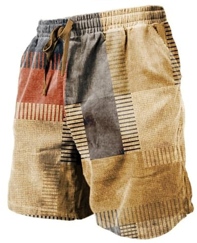 PODOLIXIA Pantalones cortos para hombre de verano Hawaii, vacaciones en la playa, bermudas, pantalones cortos de patchwork, color impreso, pantalones cortos de ocio con cordón y bolsillos, caqui, XL